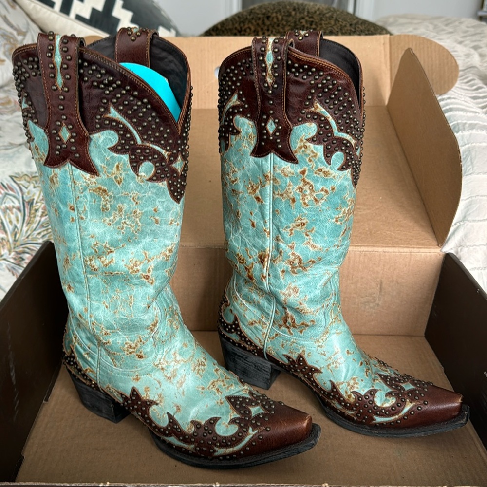 LANE Stephanie Turquoise/Brown Embellished Leather Women’s Cowboy Boots In Box
